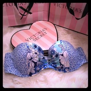 Blue floral print VS strapless swimsuit top sz 36B